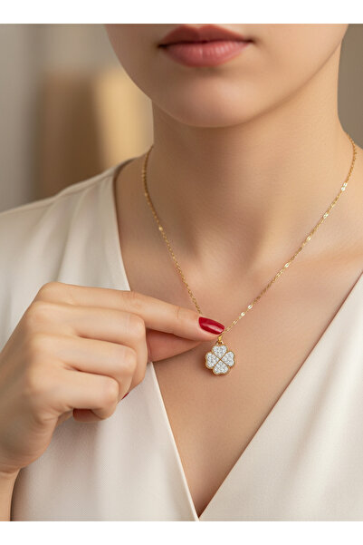 GLANZEND Çelik Gold Renk Zirkon Taşlı Yonca Kolye