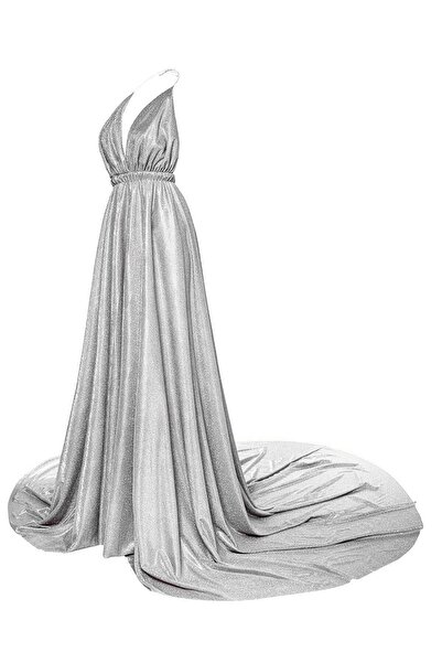 Gülşah Evecen Özel Tasarım Simli Beyaz Uzun Elbise