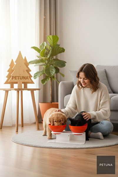 Petuna İki Hazneli Kedi Kafalı Beyaz Standlı Kedi Mama ve Su Kabı 350 ML