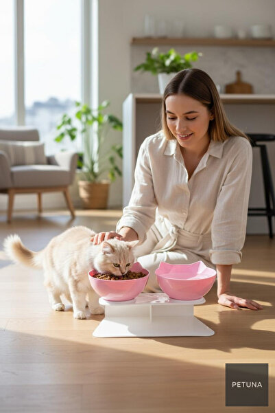 Petuna İki Hazneli Kedi Kafalı Beyaz Standlı Kedi Mama ve Su Kabı 350 ML