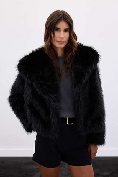 Sateen Yakalı Kürk - Siyah