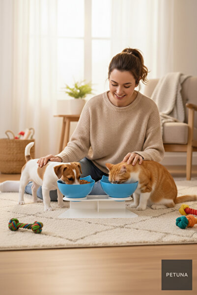İki Hazneli Kedi Kafalı Beyaz Standlı Kedi Mama ve Su Kabı 350 ML