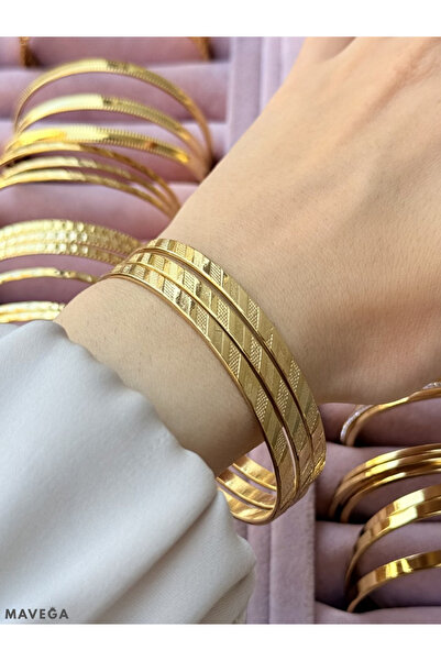 MAVEGA 3'lü Yüksek Kalite İşlemeli Desenli Ajda Bilezik | Kararmaz Çelik, Altın Renk, 6.2 - 19 Cm