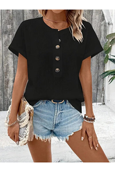 ALPACO Γυναικεία μπλούζα βάφλα με κοντό μανίκι με ανοιχτό γιακά μπροστά