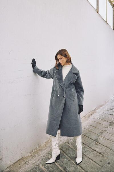 Sateen Button Detailed Long Coat - Anthracite