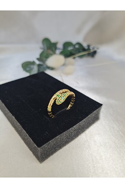 ZEYM COLLECTION خاتم قابل للتعديل مصنوع من الفولاذ باللون الذهبي والحجر الأخض...