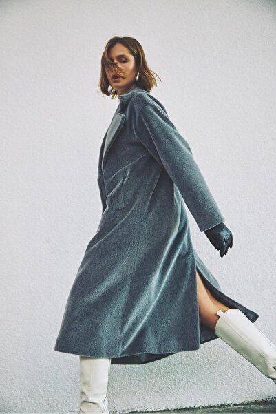 Sateen Button Detailed Long Coat - Anthracite