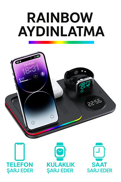 Tech&bello accessories 5in1 Telefon Saat Kulaklık Wireless Şarj Cihazı Rgb Iş...
