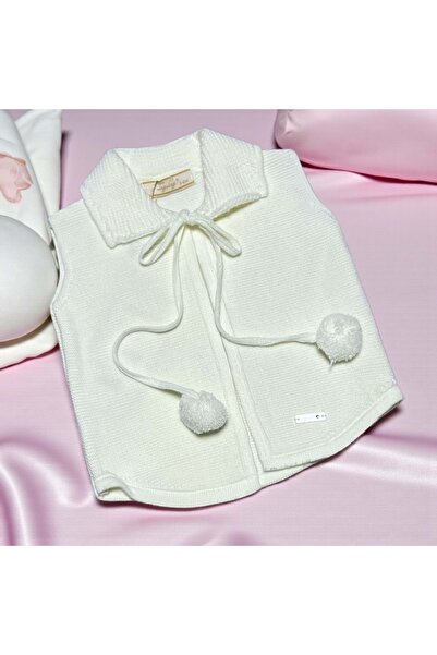 RYZE ÇOCUK Yaka Ponpon Lace-Up Tricot Vest Ecru