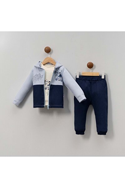 Necix's BASKILI KAPÜŞONLU ÜST DENIM PANTOLONLU ÜÇLÜ TAKIM Mavi