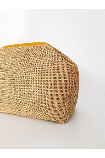 HEYBE'S Heybes Women's Yellow Piped Jute Straw Clutch Handbag