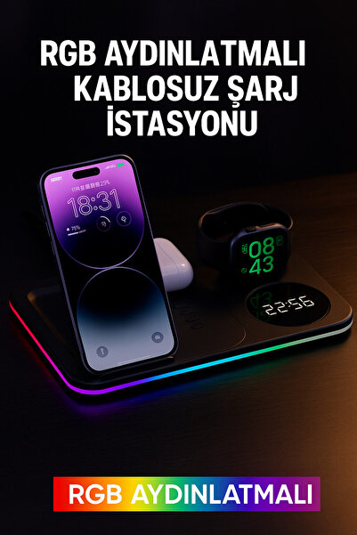 Tech&bello accessories 5in1 Telefon Saat Kulaklık Wireless Şarj Cihazı Rgb Işıklı Katlanabilir 30w A82