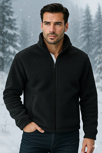 VEGA PORT Unisex Plush Full Zippered Sweatshirt with 2 Pockets and Fleece Inside Black