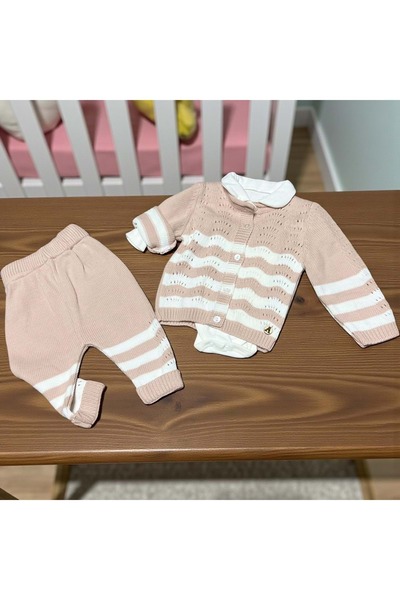 RYZE ÇOCUK Peter Pan collar Bodysuit Striped Knitwear Three-Piece Bottom and Top Set Salmon