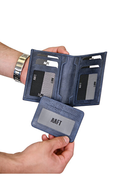 MFT Leather Design محفظة جلوريا للرجال من الجلد الطبيعي باللون الأزرق الداكن ...