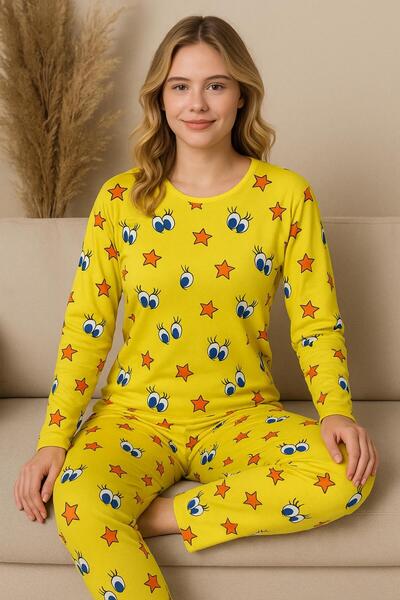 Trendnova Store KADIN PİJAMA SARI DESENLİ (TWEETY)