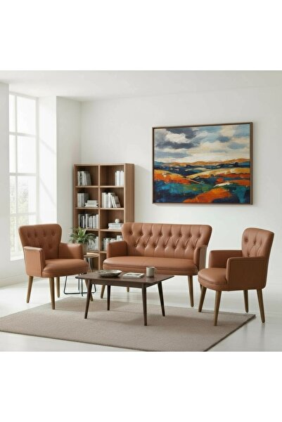 Aryans Home Mobilya Dekorasyon Taba Deri Ahşap Ayaklı Ofis Koltuk Takımı Büro...