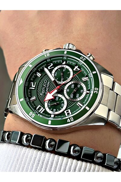 Ferrucci ساعة يد رجالية بسوار جلدي أسود اللون + سوار من حجر الهيماتيت الطبيعي