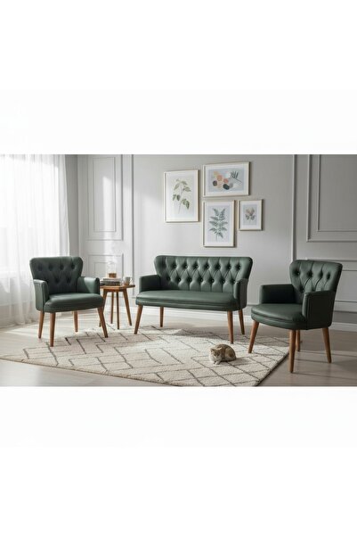 ARYANS HOME Yeşil Deri Ahşap Ayaklı Ofis Koltuk Takımı Büro Koltuk Ve Kanepeleri Deri Ofis Büro Mobilyası