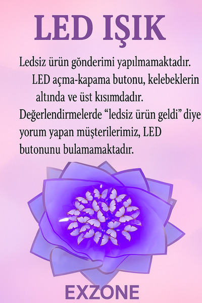 exzone Led Işıklı Lila Mor Kelebek Buketi, Dekoratif Konsept Hediye Anneye, Sevgiliye,arkadaşa