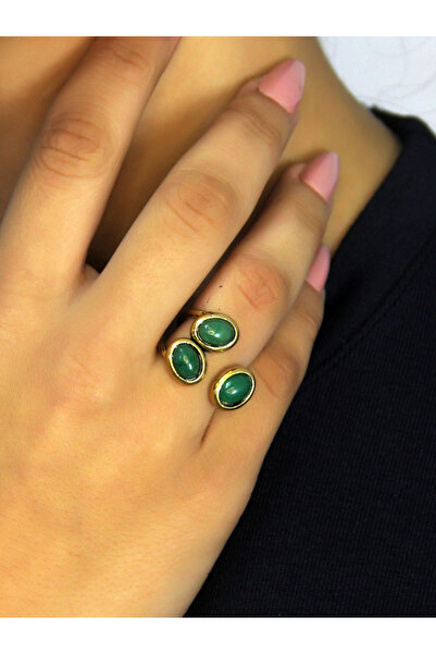 esha خاتم نسائي قابل للتعديل من الحجر الطبيعي الأخضر العقيق مع ثلاثة أحجار طب...