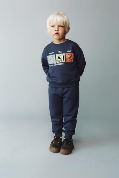 Magu Boy's Cotton Navy Blue and Friends Printed Sweatshirt Tracksuit Set