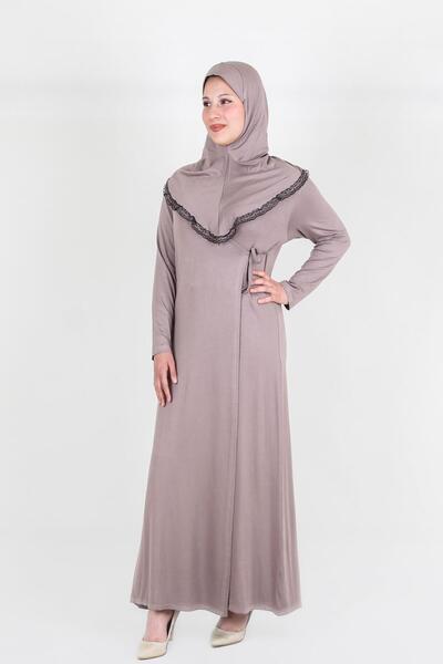 Nisrina Collection Larin Kapüşonlu Bağlamalı Pamuklu Penye Namaz Elbisesi