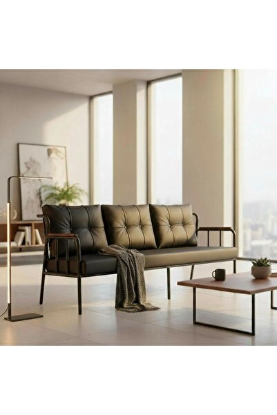 ARYANS HOME Ofis Büro Deri Koltuğu Ofis Bekleme Koltuğu Siyah Deri Metal Ofis Koltuğu - 1 adet Üçlü