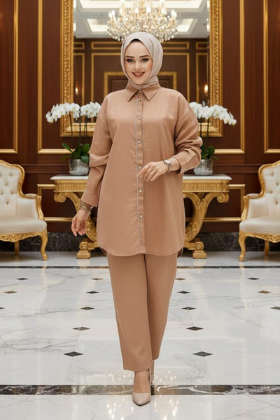 N.S NEVA STYLE Buttoned Camel Hijab Double Set 28141C