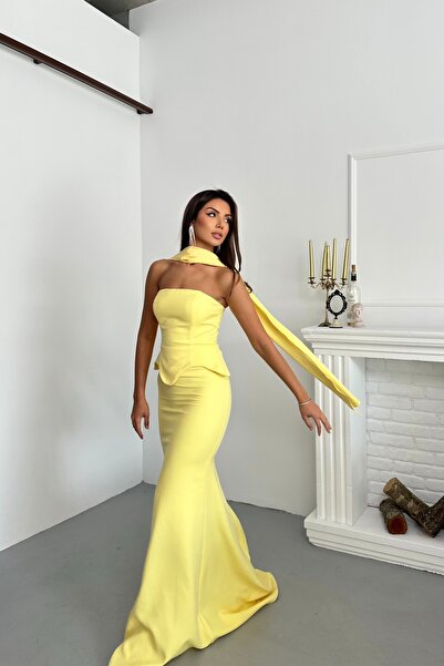 İyem Abiye Şallı Krep Düz Takım Görünümlü Tek Parça Tasarım Abiye Elbise Dar Kalıp