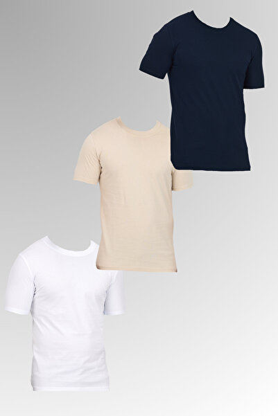 DAMGA JEANS Ανδρικό βαμβακερό λαιμόκοψη κοντό μανίκι στενό καλοκαιρινό λευκό - κρεμ - μπλε ναυτικό πακέτο 3 βασικών μπλουζών