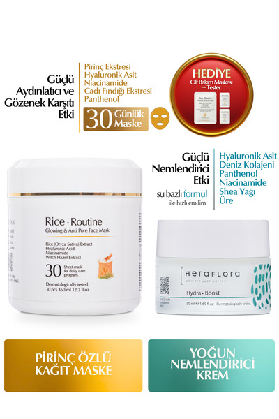 Heraflora Rice Routine Pirinç Maske 30'lu & Hydra Boost Yoğun Nemlendirici Kr...