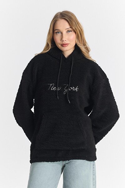 DAMGA JEANS Γυναικείο φούτερ με μεγάλες τσέπες, μαύρο με κουκούλα