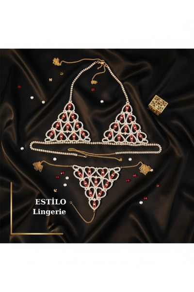 Estilo Lingerie Χρυσό κόκκινο λεπτομερές κοσμήματα σώματος, μπικίνι με κρυστάλλινες πέτρες, εσώρουχα με πέτρες, πολυτελές σετ εσωρούχων