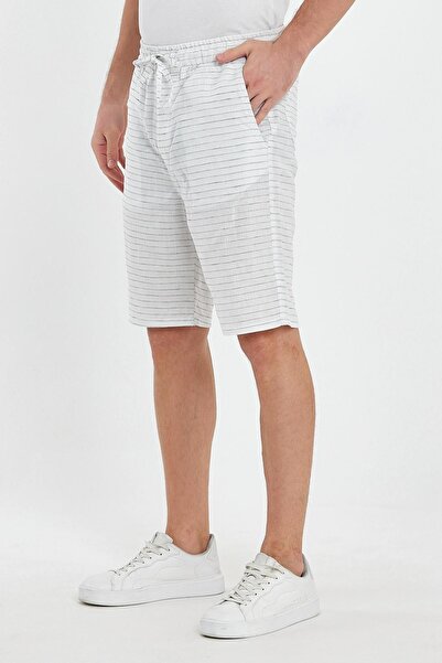 DAMGA JEANS Erkek Yazlık Beli Lastikli Rahat Pamuklu Çizgili Şort Beyaz