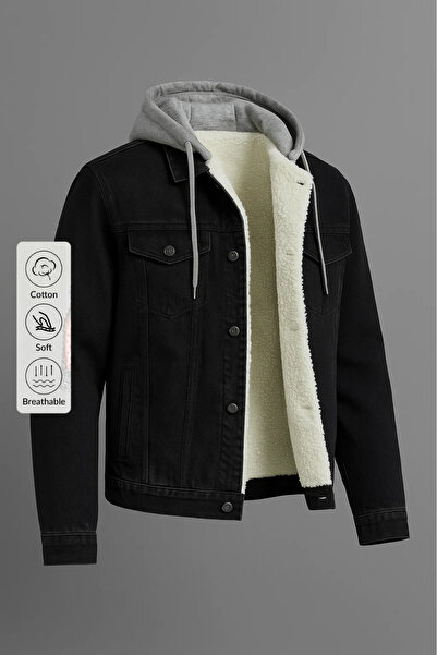 DAMGA JEANS Palton de blugi negru oversize cu glugă pentru bărbați