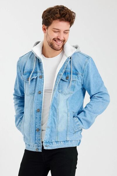 DAMGA JEANS Içi Kürklü Kapüşonlu Kot Mont Buz Mavi