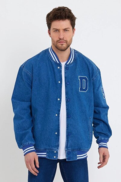 DAMGA JEANS Erkek Günlük Sokak Modası Rahat Oversize Mavi Kot Kolej Ceket