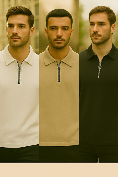DAMGA JEANS Ανδρικό μπλουζάκι με γιακά πόλο με μισό φερμουάρ 3 συσκευασιών