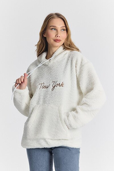 DAMGA JEANS Γυναικείο φούτερ με κουκούλα σε λευκό χρώμα με μεγάλες τσέπες