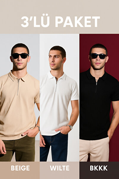 DAMGA JEANS Ανδρικό μπλουζάκι με φαρδύ γιακά πόλο με φερμουάρ 3 συσκευασιών