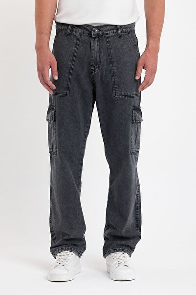 DAMGA JEANS بنطلون رجالي أسود فضفاض - موسمي، قطن، جيب كارجو