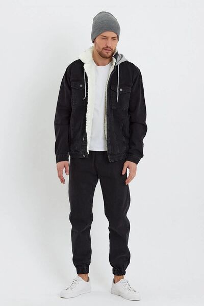 DAMGA JEANS Içi Kürklü Kapüşonlu Kot Mont Siyah