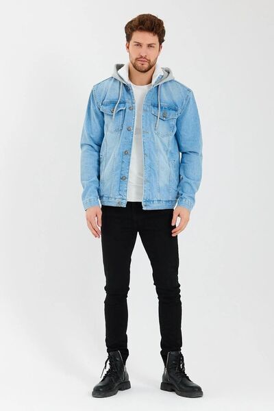 DAMGA JEANS Içi Kürklü Kapüşonlu Kot Mont Buz Mavi