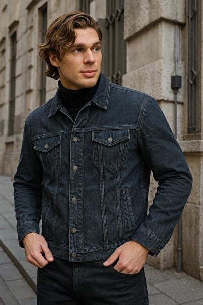 DAMGA JEANS جاكيت جينز رجالي موسمي فضفاض أساسي بلون دخاني