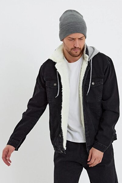 DAMGA JEANS Içi Kürklü Kapüşonlu Kot Mont Siyah