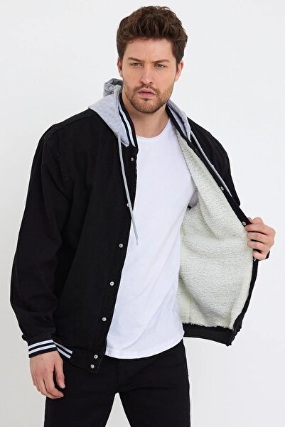 DAMGA JEANS Içi Kürklü Kapüşonlu Kolej Mont Siyah