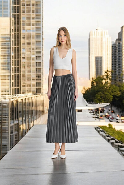 DAMGA JEANS Fusta lungă de rugăciune pentru femei, maxi plisată, gri