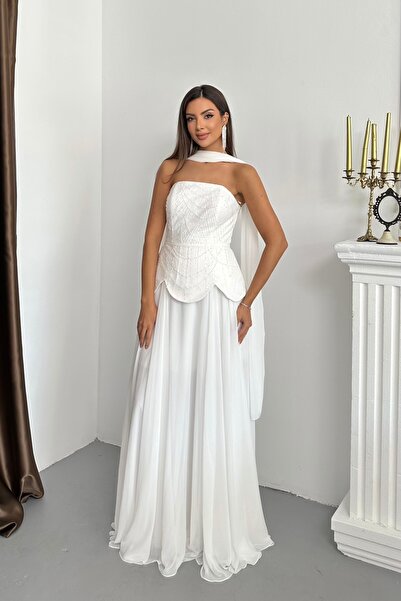 İyem Abiye Şallı Ve Etek Görünümlü Üst Pano Desen Abiye Elbise Dar Kalıp