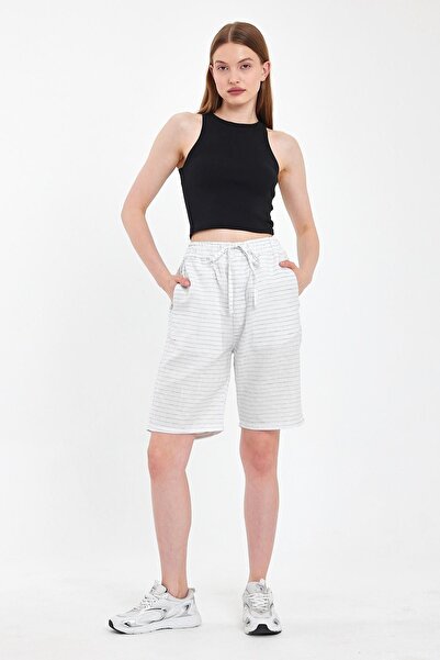 DAMGA JEANS Білі бавовняні шорти з високою талією - літні шорти з еластичною стрічкою до колін